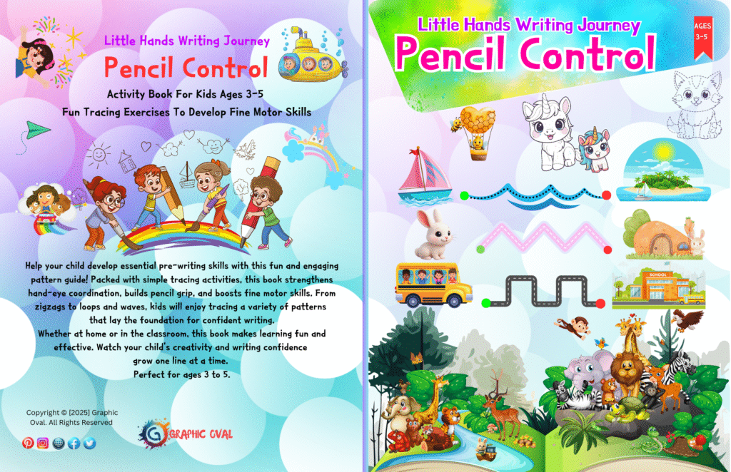 Pencil control activity book for kids ages 3–5 with fun tracing exercises, colorful illustrations, and fine motor skill development.